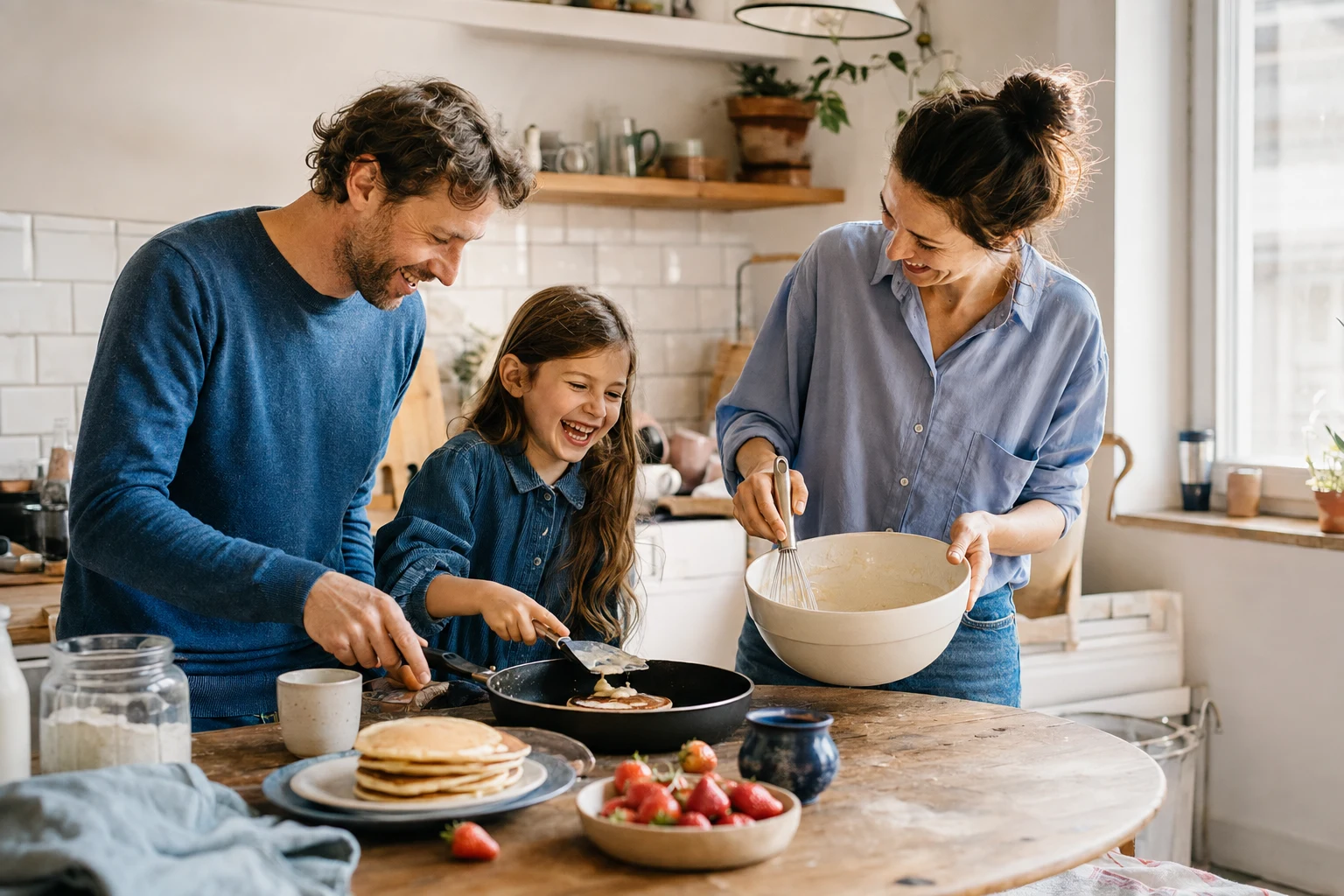 Parents and their daughter laughing as they make breakfast together in the kitchen
